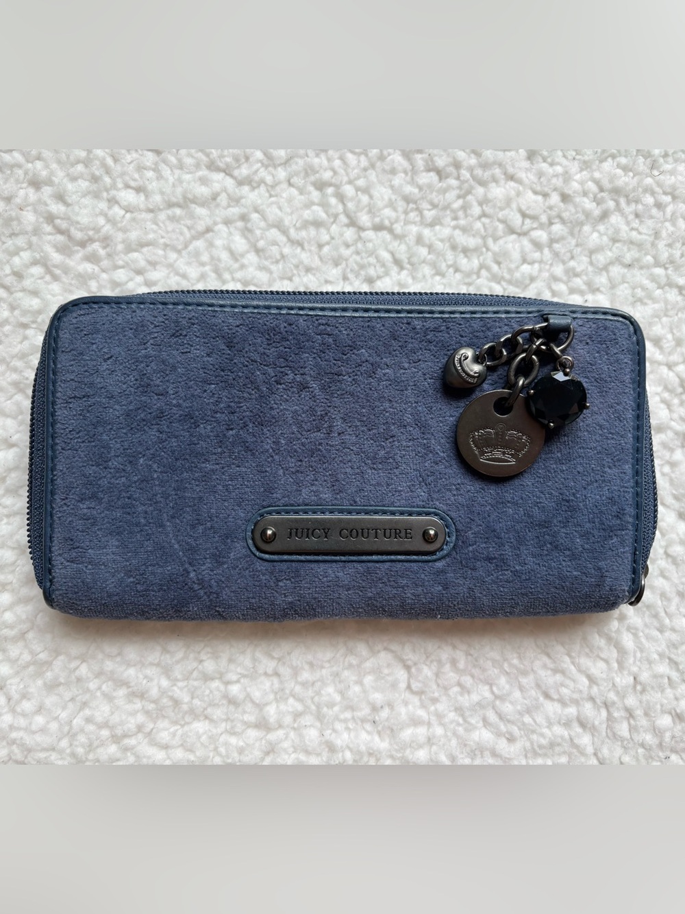 Juicy Couture Vintage Navy Suede Velour Zip Wallet with Charm Accents